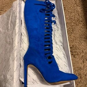 Chelsea & Zoe Royal Blue Lace-Up Knee-High Stiletto Boot